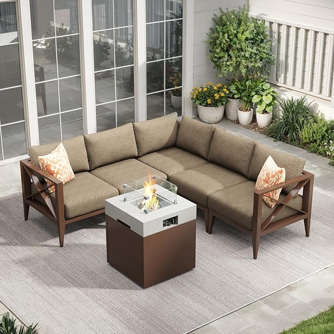 Aluminum Outdoor Furniture Set with Fire Pit Table,5-Seats Conner Patio Sectional Conversation Sofa with 5.2" All-Weather Cushions and Coffee Table,Outdoor Patio Furniture Set(Brown)