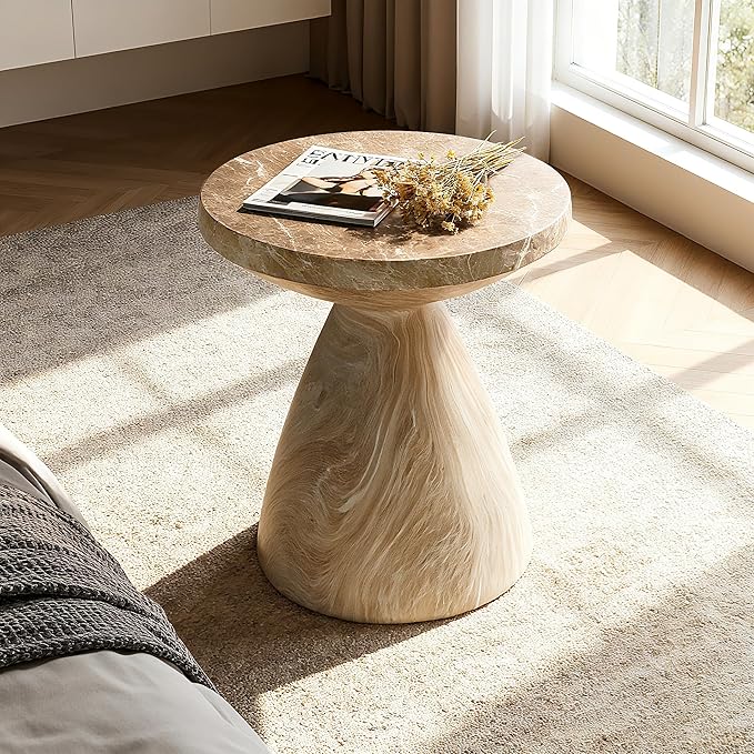 Outdoor Side Table, Faux Travertine Stone End Table, Magnesium Oxide Small Coffee Table, Multi‑Functional Garden Stool Plant Stand for Porch, Backyard Patio & Indoor 17.72"*20.87" Marble