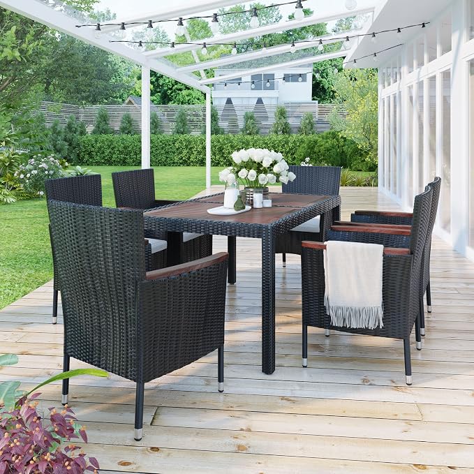 7-Piece Outdoor Patio Dining Set, Garden PE Rattan Wicker Dining Table and Chairs Set, Acacia Wood Tabletop, Stackable Armrest Chairs with Cushions (Reddish-Brown ~009)