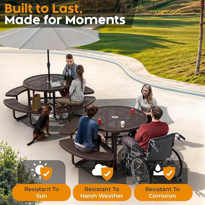 Metal Picnic Tables for Outdoors with Umbrella Hole - Coated Steel Heavy Duty Commercial Grade Furniture Set with Adjustable Seats (Brown, 46 in, Round, Expanded Steel)