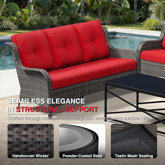 Joyside 8 Piece Wicker Patio Furniture Set, Rattan Patio Chairs with High Back, Deep Seating, Wide Armrest, Thickened Cushions, Outdoor Furniture for Deck, Porch Use