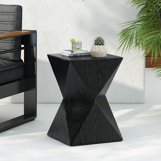 Christopher Knight Home Square Side Table, Concrete Outdoor Accent Table with Wood Grain Finish Modern Design, Ideal for Patio, Garden, Balcony, Living Room, Black