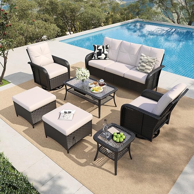 LazySunsets 9 Piece Outdoor Patio Furniture Set with Coffee Table, Wicker Rattan Outdoor Furniture with High Back Swivel Rocker Chairs, Outdoor Conversation Sets with Thick Cushions & Ottoman, Beige