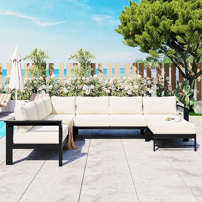 LUMISOL Patio Furniture Set, U-Shaped Outdoor Sofa Set for 6 Persons, All Weather Patio Conversation Set with Water Resistant Cushions for Garden, Backyards, Poolside, White