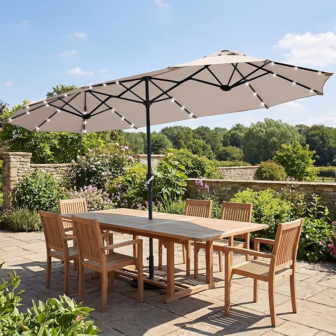 FREE SOLDIER 13ft Patio Umbrella with 36 LED Solar Lights Double Sided Outdoor Umbrella for Patio Table Umbrella with Solar lights for Garden Yard Pool (Beige)