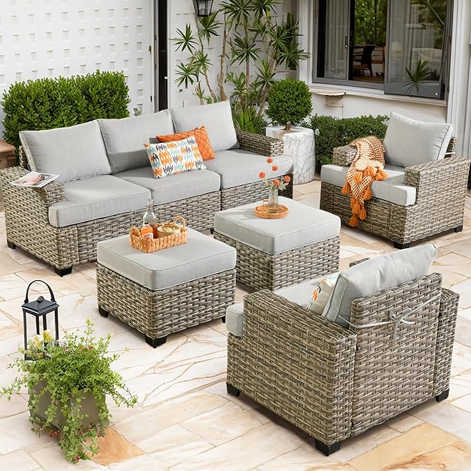 Patio Furniture Sets 7 Pieces Outdoor Sectional Rattan Sofa Manual Weaving Wicker Patio Conversation Set with Ottomans and T Cushion(Grey)