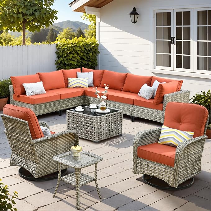 10 Pieces Wicker Patio Furniture Set,Outdoor Sectional Sofa with Swivel Chairs Coffee Table,Outside Deep Seat Rattan Couch Conversation Set,Orange Red