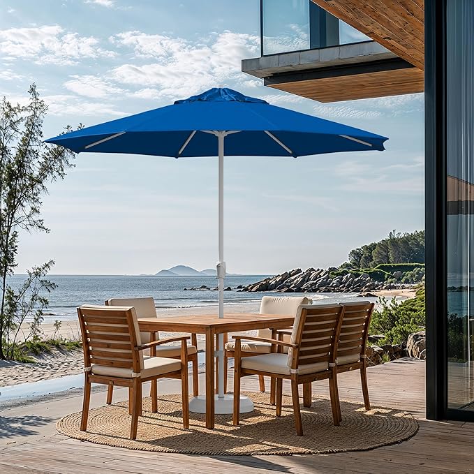 California Umbrella 10-Year Protection 9 Ft Outdoor Patio Umbrella, Pacifica Fade-Resistant Fabric, Auto-Tilt, Heavy Duty Aluminum Frame, 8 Reinforced Ribs for Pool or Deck, White Pole, Pacific Blue