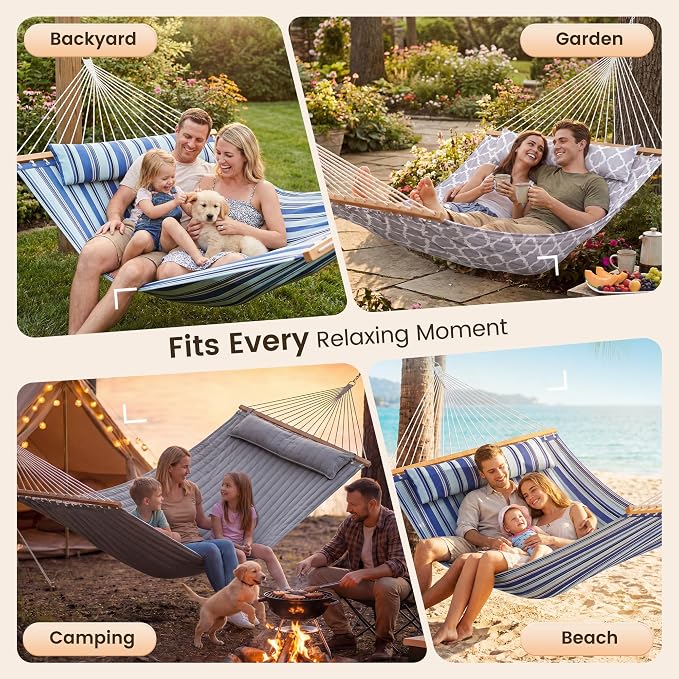 Everyfun Double Hammock with Spreader Bar - 2 Person Patio Hammock, 500 lbs Capacity, Soft Pillow & Carry Bag, Flat Wide Bed, Portable Quilted Hammock for Outdoor Camping Backyard Garden,Dark Gray