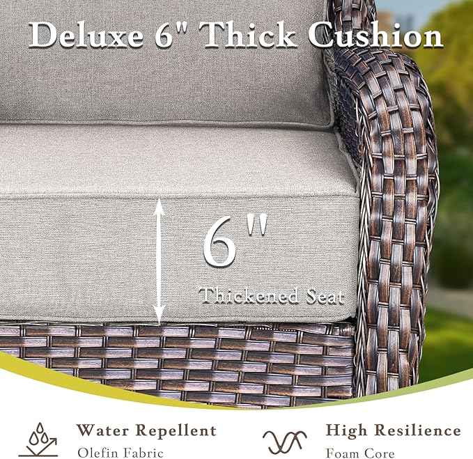 Luxury High Back Outdoor Furniture with 6-inch Extra Thick Cushions, Patio Furniture Set with Swivel Chairs, 10 PCS Wicker Conversation Set for Yard, Deck, Poolside, Brown/Beige