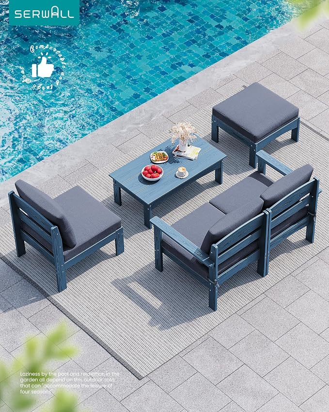 SERWALL HDPE Patio Loveseat Sofa, 2 Pieces Single Sofa, Weather-Resistant Outdoor Furniture Chair with Thick Removable Cushion, Balcony, Garden, Backyard, Poolside, Blue Frame with Grey Cushion