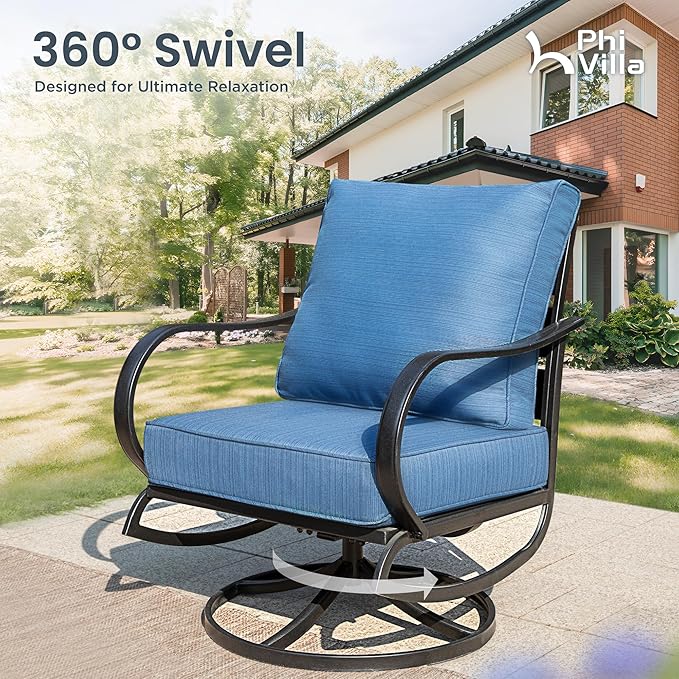 PHI VILLA 4 Piece Patio Furniture with FirePit Table, Metal Outdoor Furniture Set with 3-Seat Wide Deep Seating Bench & 2 x Swivel Sofa Chairs,Outdoor Conversation Set for 5, Peacock Blue