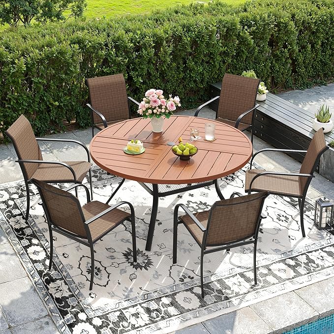DIFY 7 Pieces Outdoor Patio Dining Set for 6, 47.2" Walnut Round Metal Dining Table and 6 Brown Stackable Sling Dining Chairs, Outdoor Table and Chairs for Lawn Garden Backyard Deck