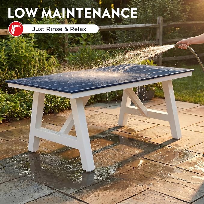 Costaelm Outdoor Dining Tables for Patio, 72" Rectangle 6-Person HDPE Dining Table with Umbrella Hole and Metal Frame for Outside, Garden, Poolside, Backyard, Porch, Balcony, Navy Blue