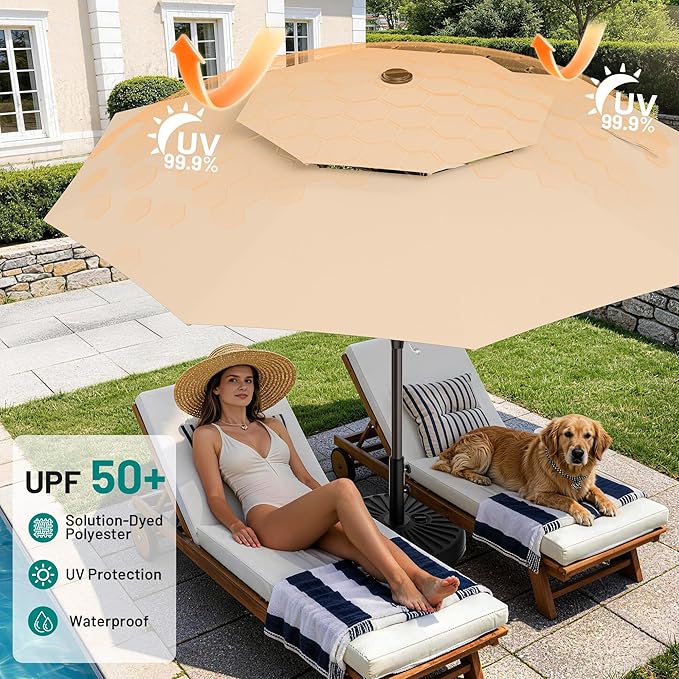 AreShark 12ft 2 Tiers Patio Umbrella - Outdoor Umbrella Waterproof UV Protection, Market Table Umbrella w/ 8 Sturdy Ribs&Crank for Pool, Porch, Garden(Beige)