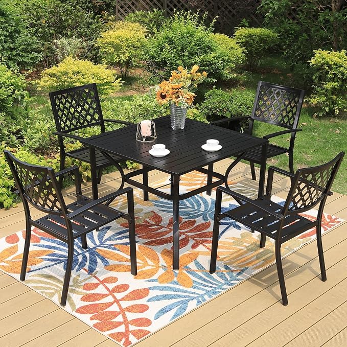 PHI VILLA Patio Dining Set, Stackable Chairs&37" Square Table | 37" Square Table & Stackable Iron Chairs, Large Furniture Set for Porch, Deck, Yard