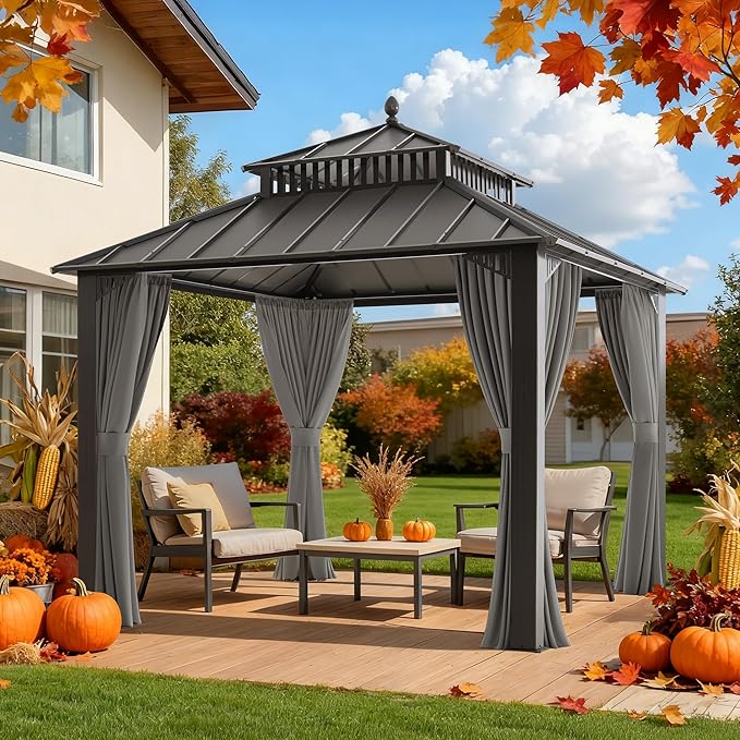 SUNJOY Kingston 10' x 10' Hardtop Gazebo with Galvanized Steel Double Roof, Curtain and Netting, Gray Aluminum Posts Permanent Pavilion Gazebo for Garden, Patio, Deck, Lawn