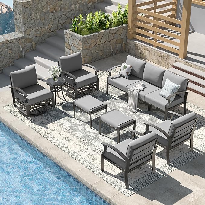 Kullavik Aluminum Set with 2 Swivel Chairs, 9-Seat Metal Outdoor Sectional Sofas Conversation with 2 Ottomans for Backyard, Poolside, Grey