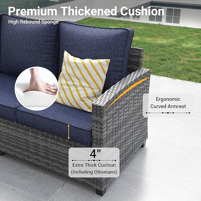 6 Pieces Patio Furniture Set with 44" Gas Fire Pit Table, Outdoor Wicker Rattan Sofa w/Gas Fire Pit, All-Weather Sectional Conversation Sets, Ottoman, Thick Cushion Navy Blue
