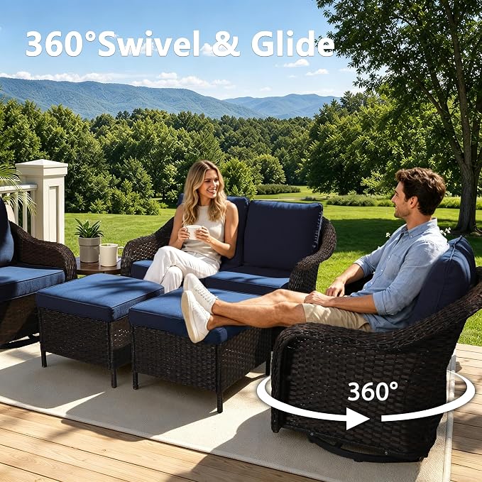 5 Piece Patio Wicker Conversation Set, All-Weather Use Outdoor Wicker Loveseat with 2 PE Rattan Ottomans,2 Swivel Chair, Ideal for Porch, Backyard, Balcony, Poolside, Blue