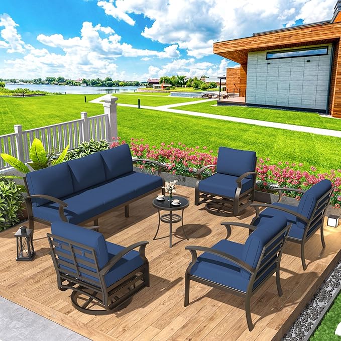 Aluminum Patio Furniture Set Patio Conversation Set,7 Seats Metal Modern Outdoor Furniture w/5.1" Cushions,Patio Sectional w/Swivel Chairs for Patio,Backyard,NavyBlue