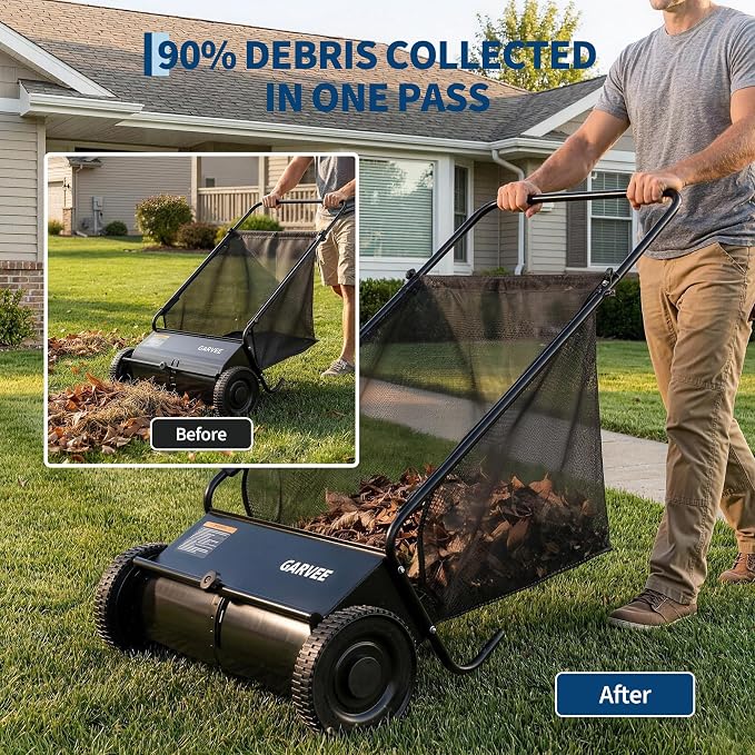 Garvee 26 Inch Push Lawn Sweeper, Walk Behind Leaf Grass Collector with 7 Cu ft Hopper Bag, Carbon Steel Frame, Yard Sweeper with Adjustable Brush Height for Garden Patio Driveway Leaves Cleanup