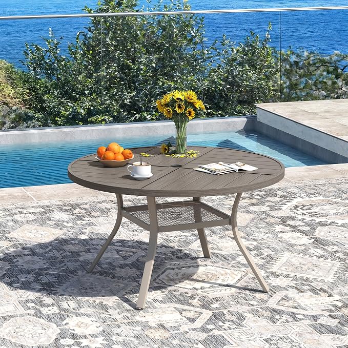 DIFY Patio Table and Chairs Set for 4, 5 Piece Outdoor Dining Set, 40.6" Grey Wood-Like Round Metal Dining Table with Umbrella Hole and 4 Sandshell Textilene Swivel Patio Chairs, for Garden Backyard