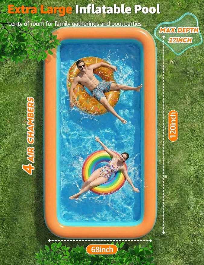 120" 4-Layer Thickened Inflatable Pool for Kids & Adults,Orange | 120",4-Layer,0.32mm Thickened PVC,16Lbs,Swimming Pool for Family, pets,Backyard,Outdoor Summer