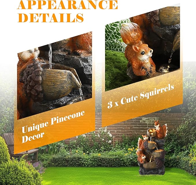 24" H Outdoor Water Fountain, 4-Tiers Cascading Garden Waterfalls with 4 LED Lights, Modern Freestanding Bird Bath Fountain with Pinecones & Squirrels, for Yard Patio Deck and Indoor Decor