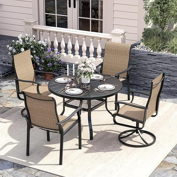 UDPATIO 5 Piece Patio Outdoor Table and Chairs, Patio Dining Set for 4,39" Black Round Table with Umbrella Hole, Brown Patio Chairs, Patio Table with Chairs Outdoor Dining Set for Backyard, Deck