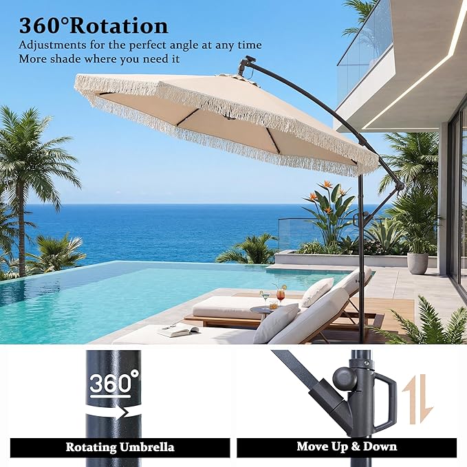 MONDAWE 10FT Cantilever Patio Umbrella with Tassels, 360° Rotation Offset Outdoor Umbrella, Heavy Duty Backyard Shade Umbrella with 180G Fabric for Patio Garden Deck