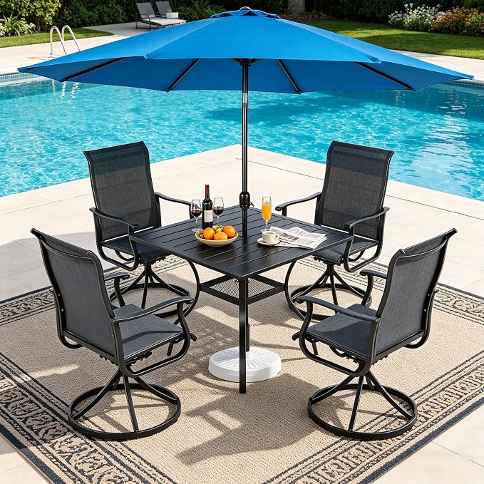 SUNCROWN 6-Piece Outdoor Dining Set, All Weather Patio Furniture Sets with 4 Black Swivel Textilene Mesh Chairs & Square Metal Table & 1 Light Blue 9Ft Umbrella for Deck Garden Backyard Poolside