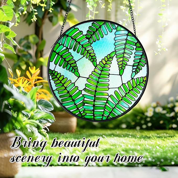 Plant Suncatcher Glass, Stained Glass Suncatcher Plant Window Hanging, Unique Nature Lover Gifts Leaf (Fern)