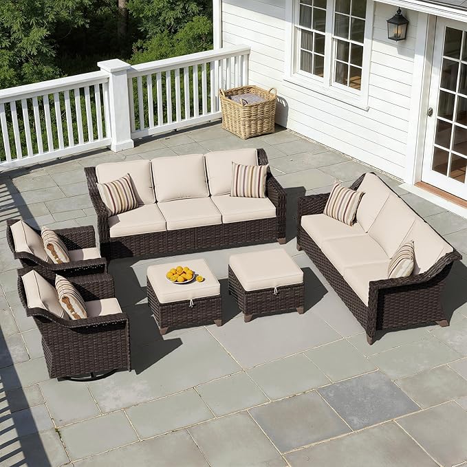 6 Pieces Patio Conversation Furniture Set - 2 Sofas, 2 Swivel Chairs, 2 Ottomans, Outdoor Wicker Furniture with Removable Cushions for Porch, Balcony, Sunroom (Beige)