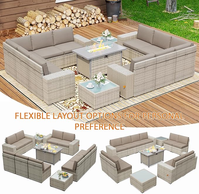 13 Piece Patio Furniture Set, 8" Wide Arm Sectional Sofa Set with 50000 BTU Propane Fire Pit Table & Coffee Table, Rattan Outdoor Conversation Set for Garden, Porch, Lawn, Khaki