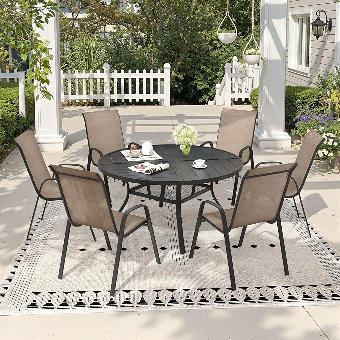 7 Pieces Outdoor Dining Set, 47.3" Spliced Patio Table with Umbrella Hole & Stackable Outdoor Dining Chairs, Patio Furniture Set for Deck Garden Porch, Brown Chairs & Black Table