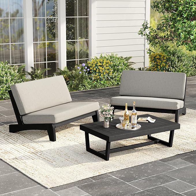 UIXE Black Wood Patio Furniture Sets, 3 Pieces All Weather Patio Loveseat Sofa Outdoor Sectional Futniture Backyard Conversation Set with Solid Wooden Coffee Table - Light Camel