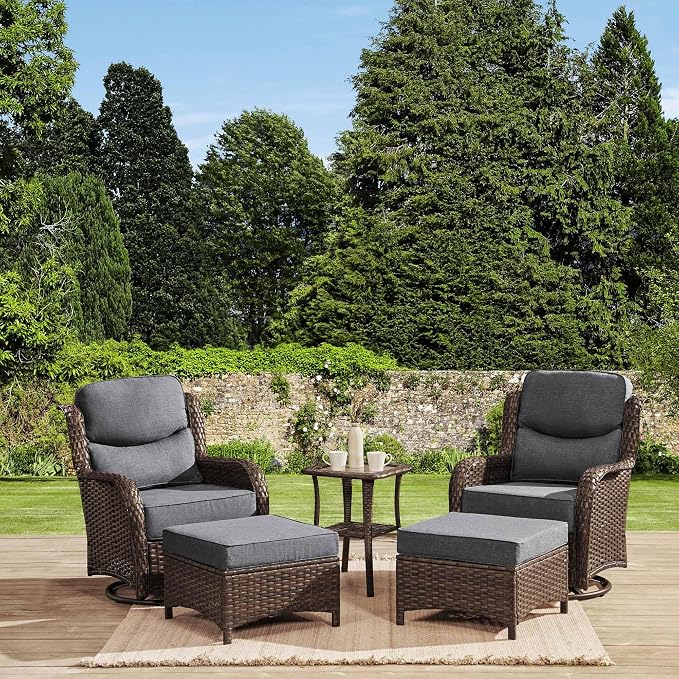 HILLGA Luxury 5PCS Outdoor Swivel Rocker Patio Chairs of 2 with 6 Inch Thick Cushions and Side Table, All Weather Outdoor Chairs High Back Wicker Patio Furniture Set for Porch and Deck, Grey