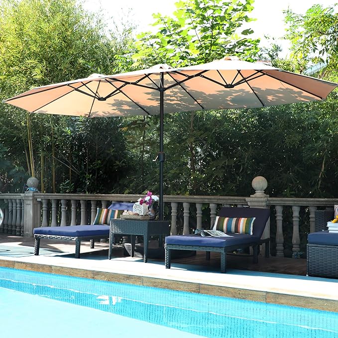 PHI VILLA 13 ft Outdoor Patio Umbrella, Large Rectangular Double Sided Market Table Twin Umbrellas with Crank Handle for Deck Pool(Beige)