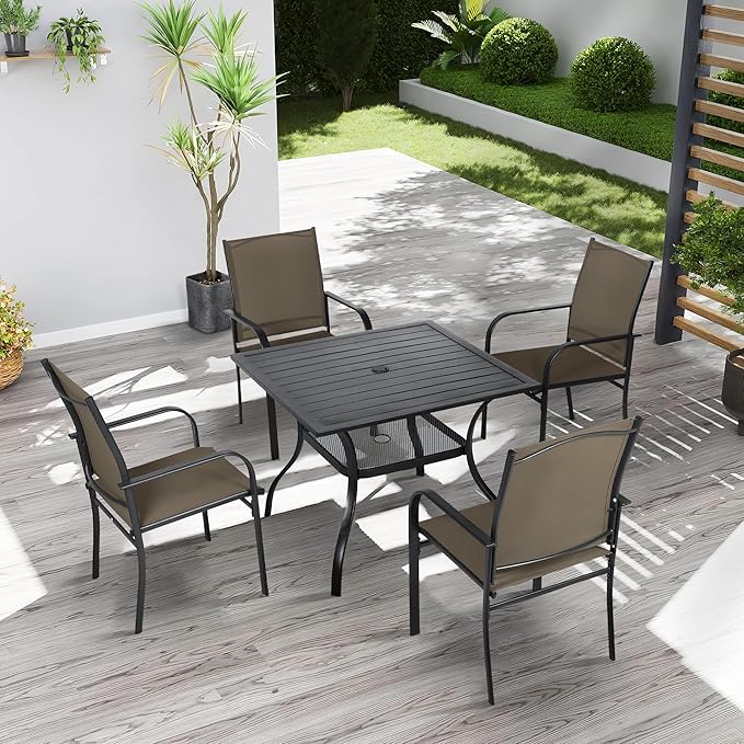 Crownland 5 Piece Patio Dining Set, Outdoor Textilene Dining Sets, 4 Textilene Metal Chairs and Square Outdoor Dining Table with 1.57" Umbrella Hole (Brown)