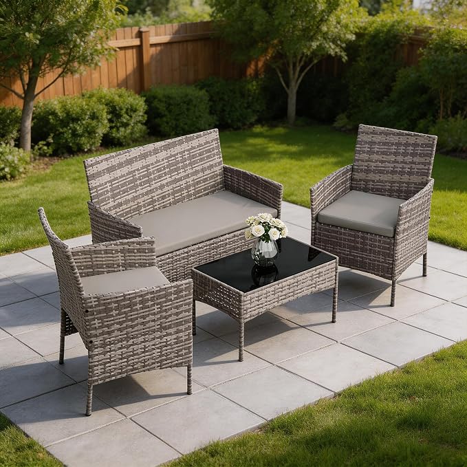 Outdoor Patio Furniture Set, 4-Piece PE Rattan Wicker Chair Set with Cushions and Tempered Glass Table for Backyard, Porch, Garden, Poolside, Balcony, Brown/Beige