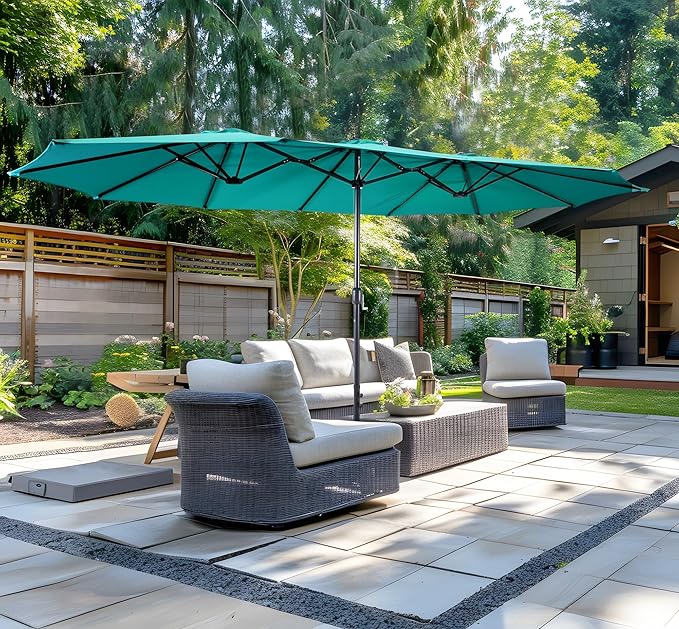 15ft Patio Umbrella with Base, 10-Year-No-Fade Large Outdoor Double-Sided Market Umbrella with UPF50+Terylene Polyester Fabric and Crank for Poolside Garden Deck Backyard Beach Pools