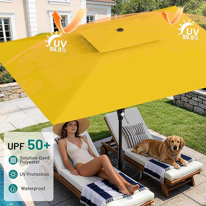 AreShark 8'x10' 2 Tiers Rectangular Patio Umbrella - Outdoor Umbrella Waterproof UV Protection, Market Table Umbrella w/Crank for Pool, Backyard, Deck(Yellow)