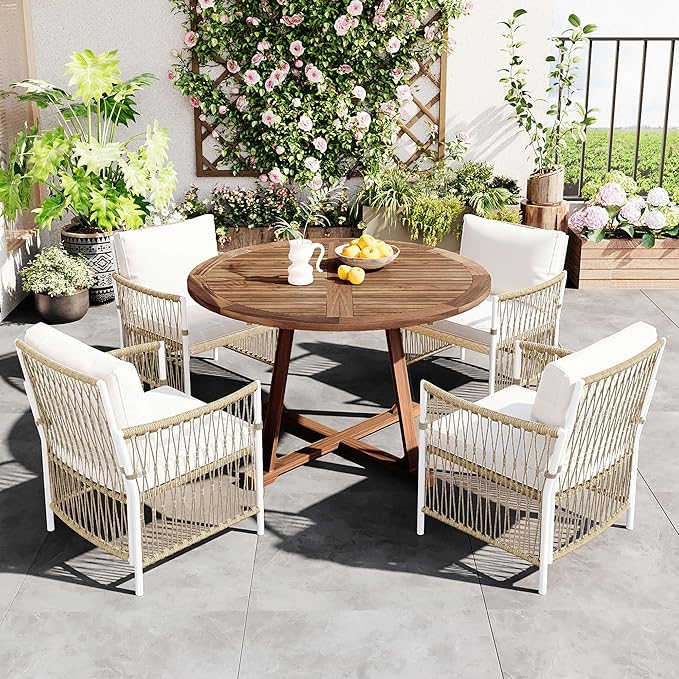 Merax Outdoor Dining Table Set, 5-Piece Outdoor Dining Table Sets with 4 Rattan Arm Chairs Patio Extendable Wooden Foldable Round Kitchen Table Set for Lawn, Deck, Backyard, Natural