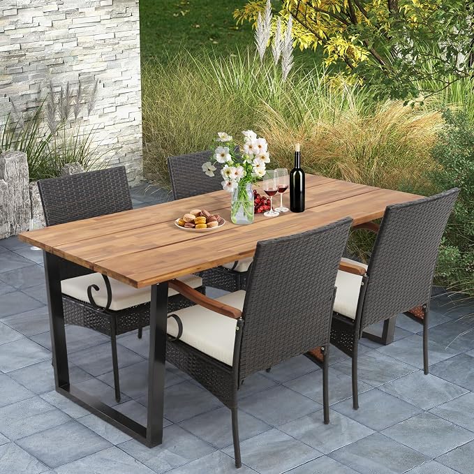 Tangkula 5 PCS Patio Rattan Dining Set, Outdoor Wicker Chair & Dining Table Set, Acacia Wood Tabletop & Armrests, 2” Umbrella Hole, Seat Cushions Included, Backyard (5 PCS)