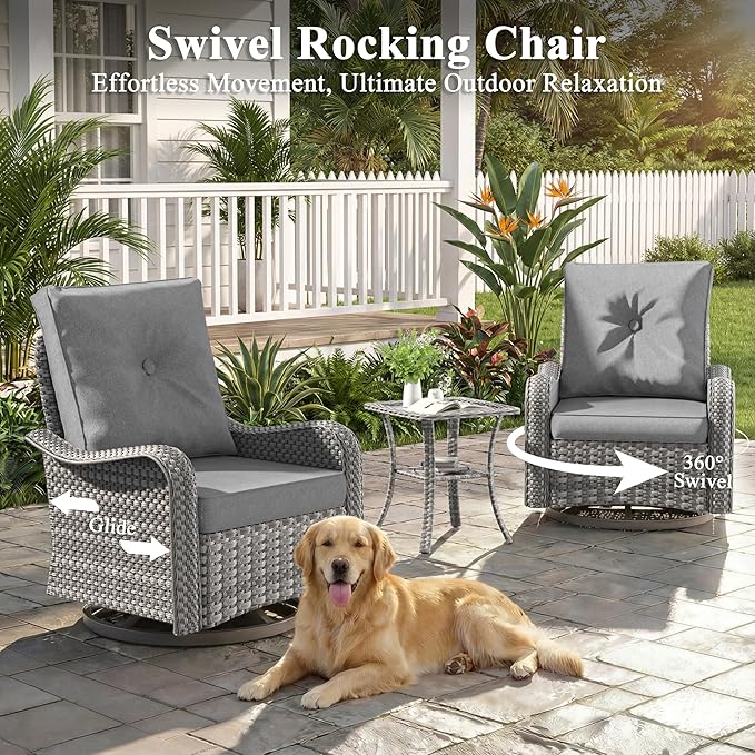 3 Piece Wicker Patio Furniture Set, Swivel Rocking Chairs with 4''Cushions, PE Rattan, Rust Resistant Frame, Double Layer Glass Side Table, for Backyard, Deck or Balcony, Grey