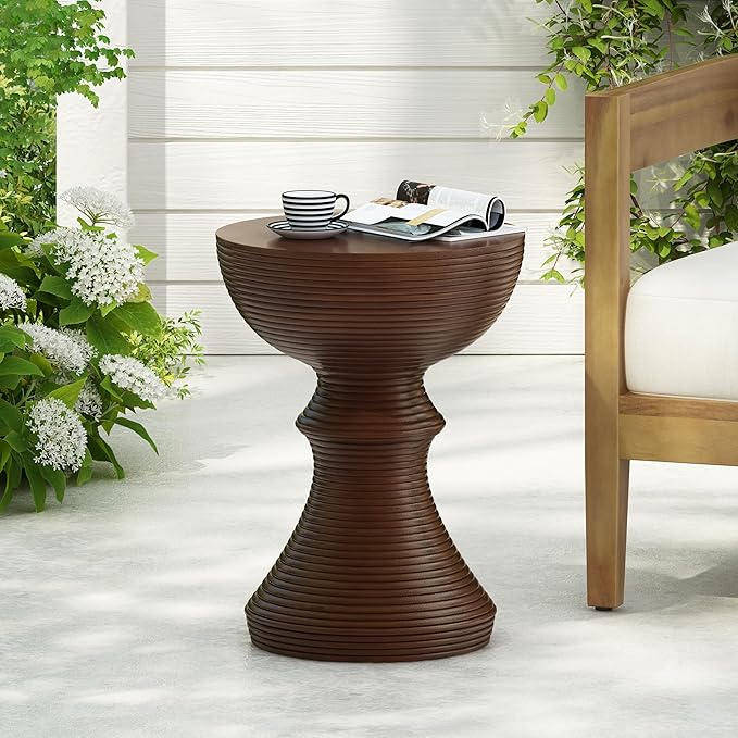 Round Outdoor Side Table, Ribbed Concrete Patio End Table with Hourglass Design, Samll Accent Side Table for Patio, Garden, Balcony (Brown)