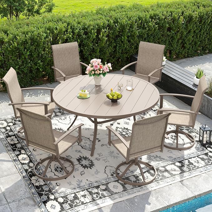 DIFY 7 Pieces Outdoor Dining Set for 6, 50" Round Metal Table with Umbrella Hole and Textilene Swivel Patio Chairs, Patio Table and Chairs Set for Garden, Backyard, Poolside, Sandshell