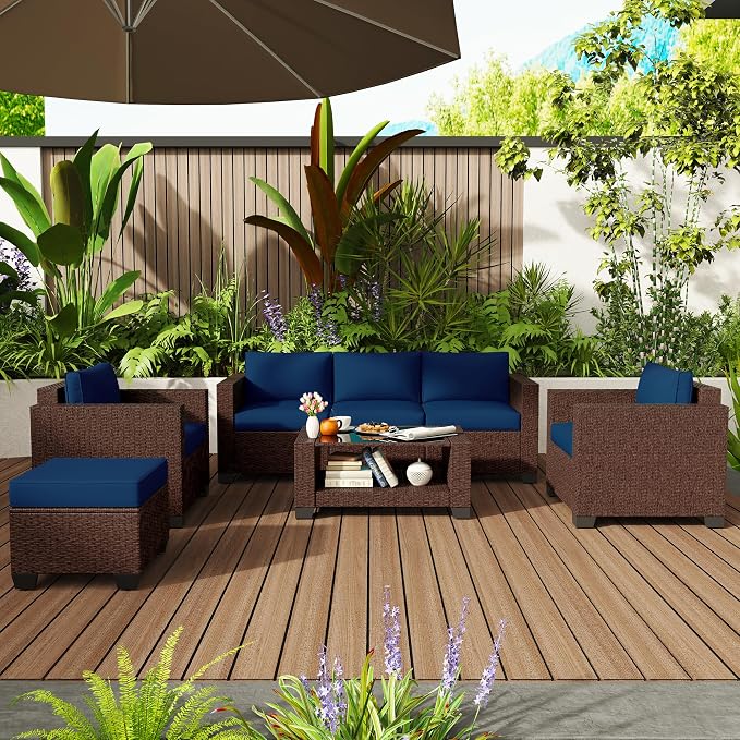 KIGOTY Patio Furniture Set 7 PCS Patio Conversation Sets, All-Weather PE Rattan Outdoor Sectional Sofa with Cushion and 2- Tier Glass Coffee Table（Brown/Dark Blue）