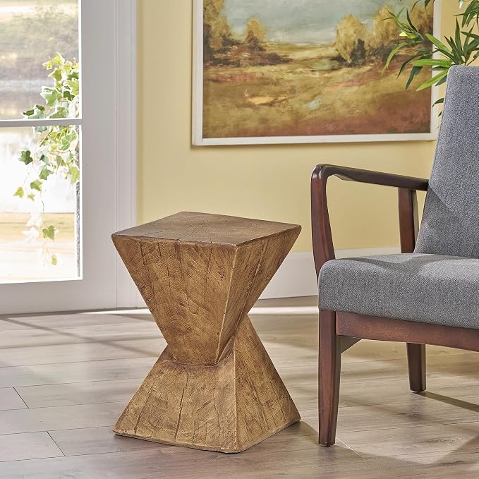 Merax Modern Concrete Side Table with Hourglass Design - Hand-Painted Wood Finish Accenttable for Indoor/Outdoor, Natural